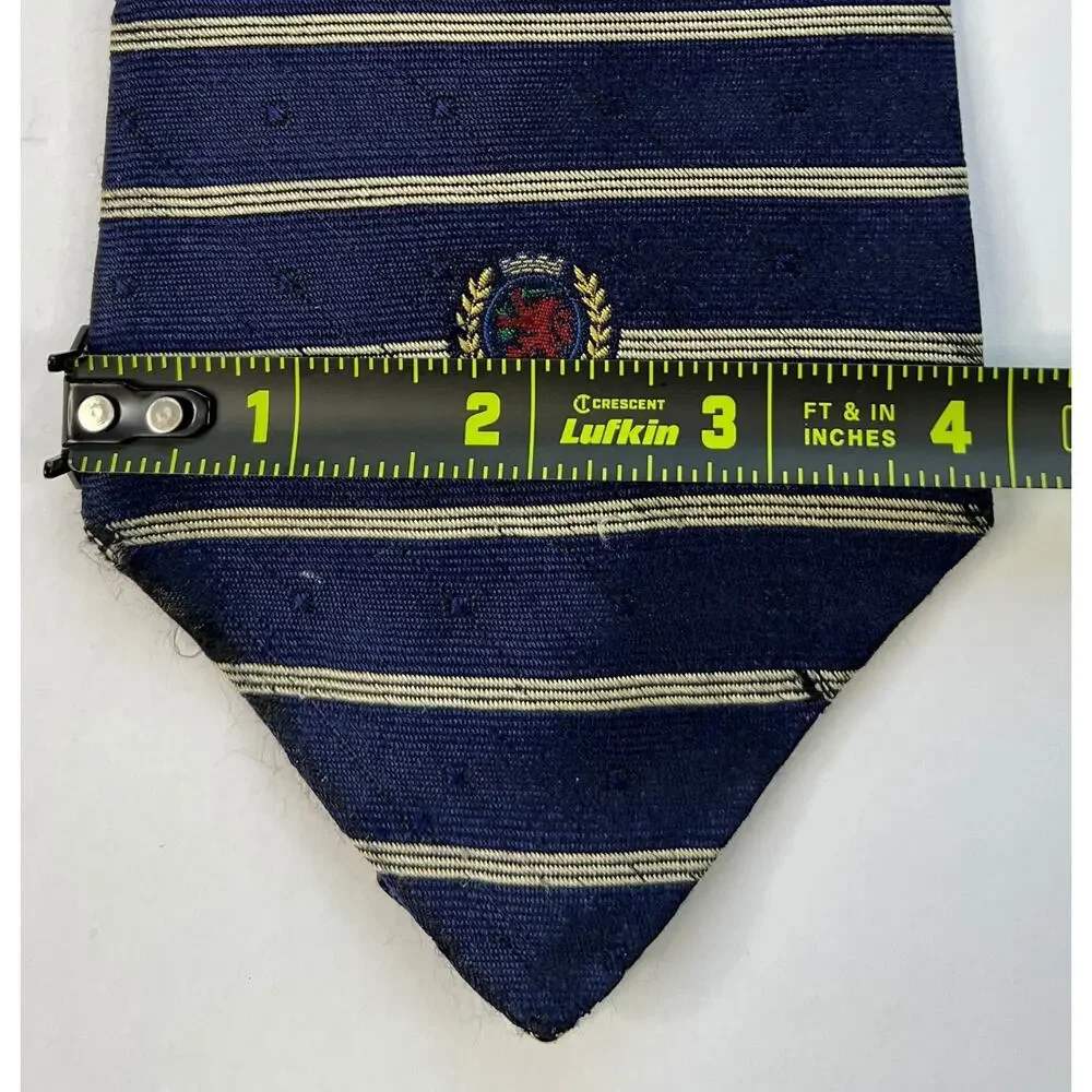 Tommy Hilfiger Mens Silk Tie Navy Gold Stripe Crest USA Classic Designer